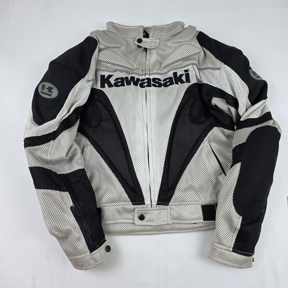Kawasaki Motorcycle Jacket Mens Small Gray Black Mesh Vented Armored Riding